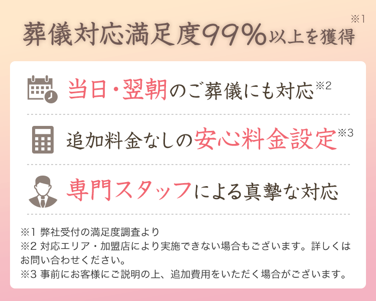葬儀対応満足度99%以上を獲得 当日・翌朝のご葬儀にも対応 追加料金なしの安心料金設定 専門スタッフによる真摯な対応